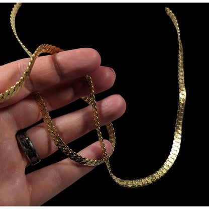 Bright Gold Tone Flattened Link Chain Necklace