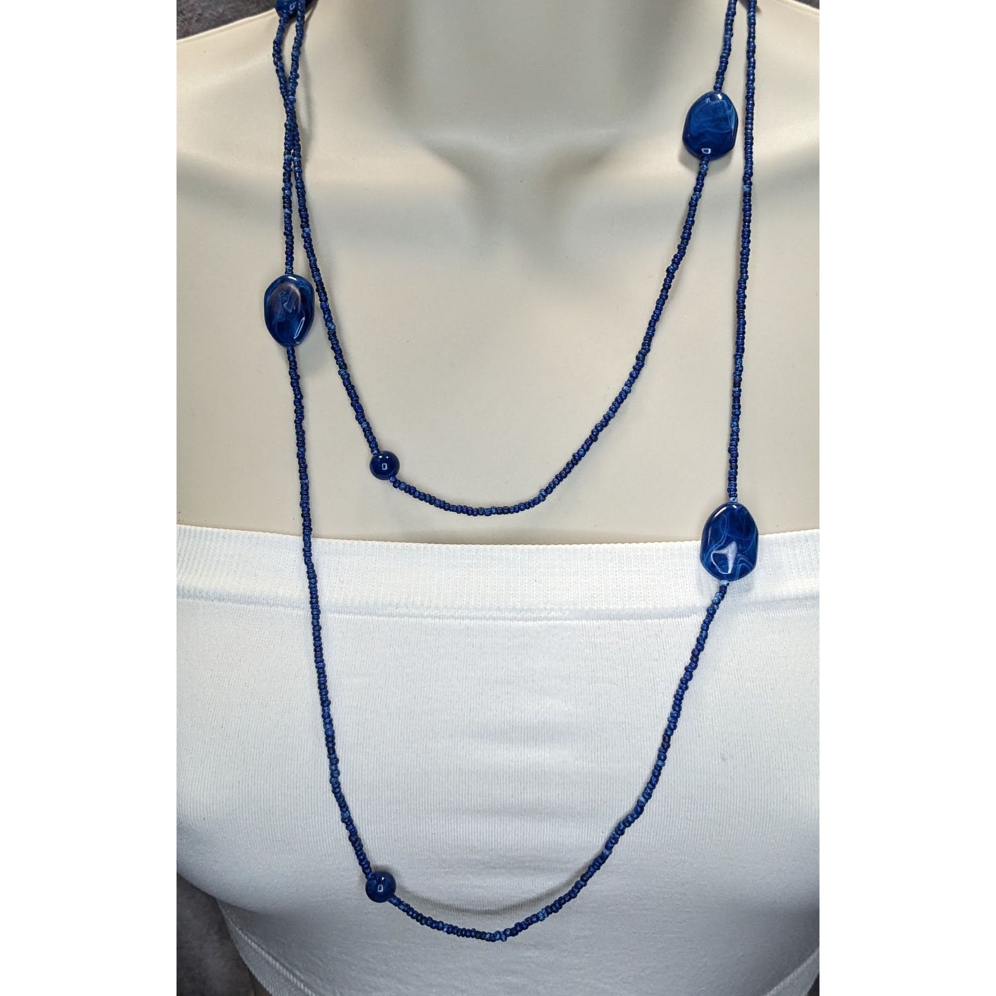 Blue Long Beaded Necklace With Glass & Acrylic Accents