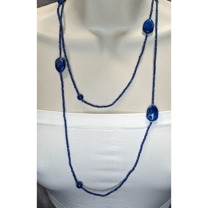 Blue Long Beaded Necklace With Glass & Acrylic Accents