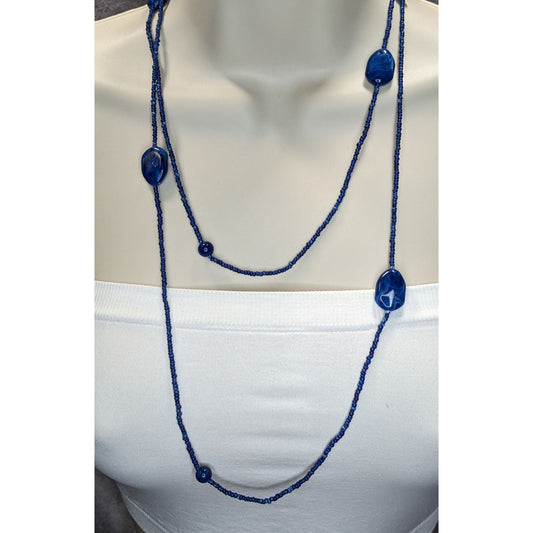 Blue Long Beaded Necklace With Glass & Acrylic Accents