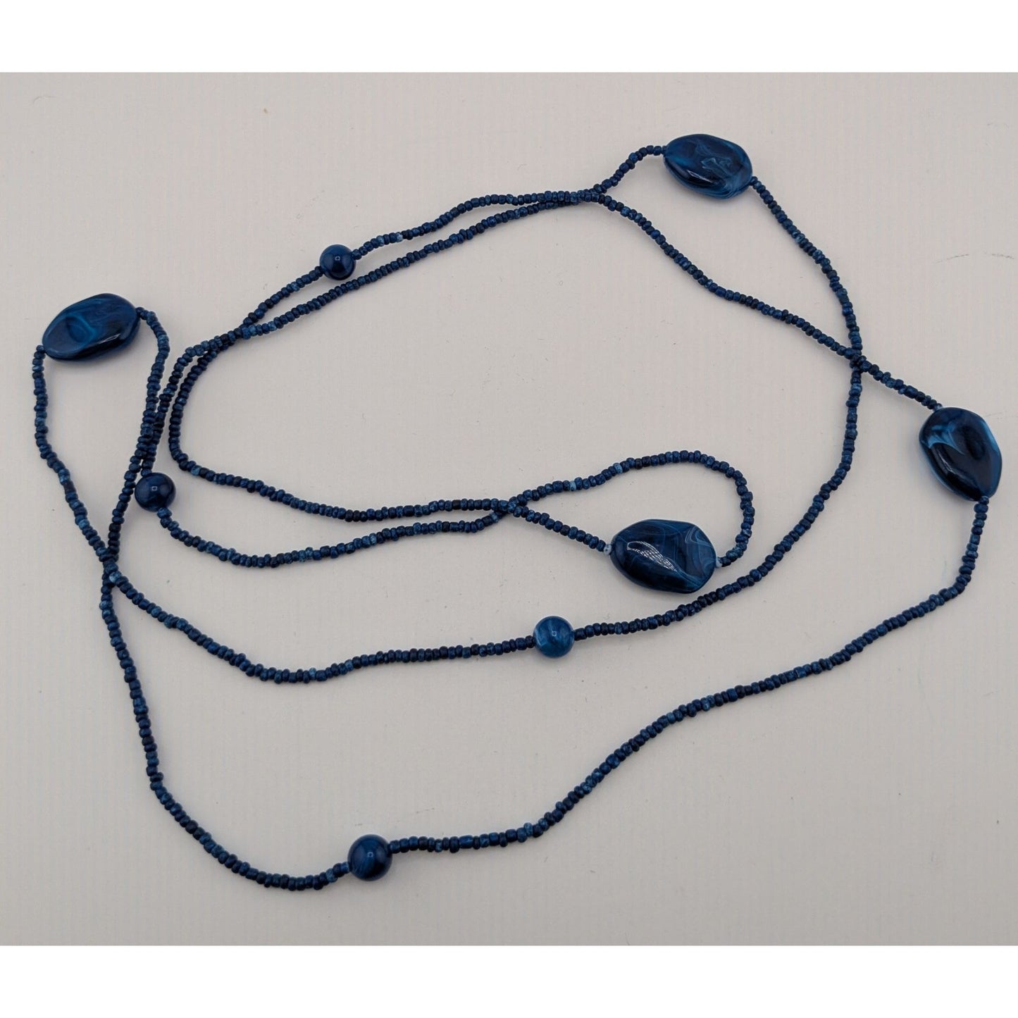Blue Long Beaded Necklace With Glass & Acrylic Accents