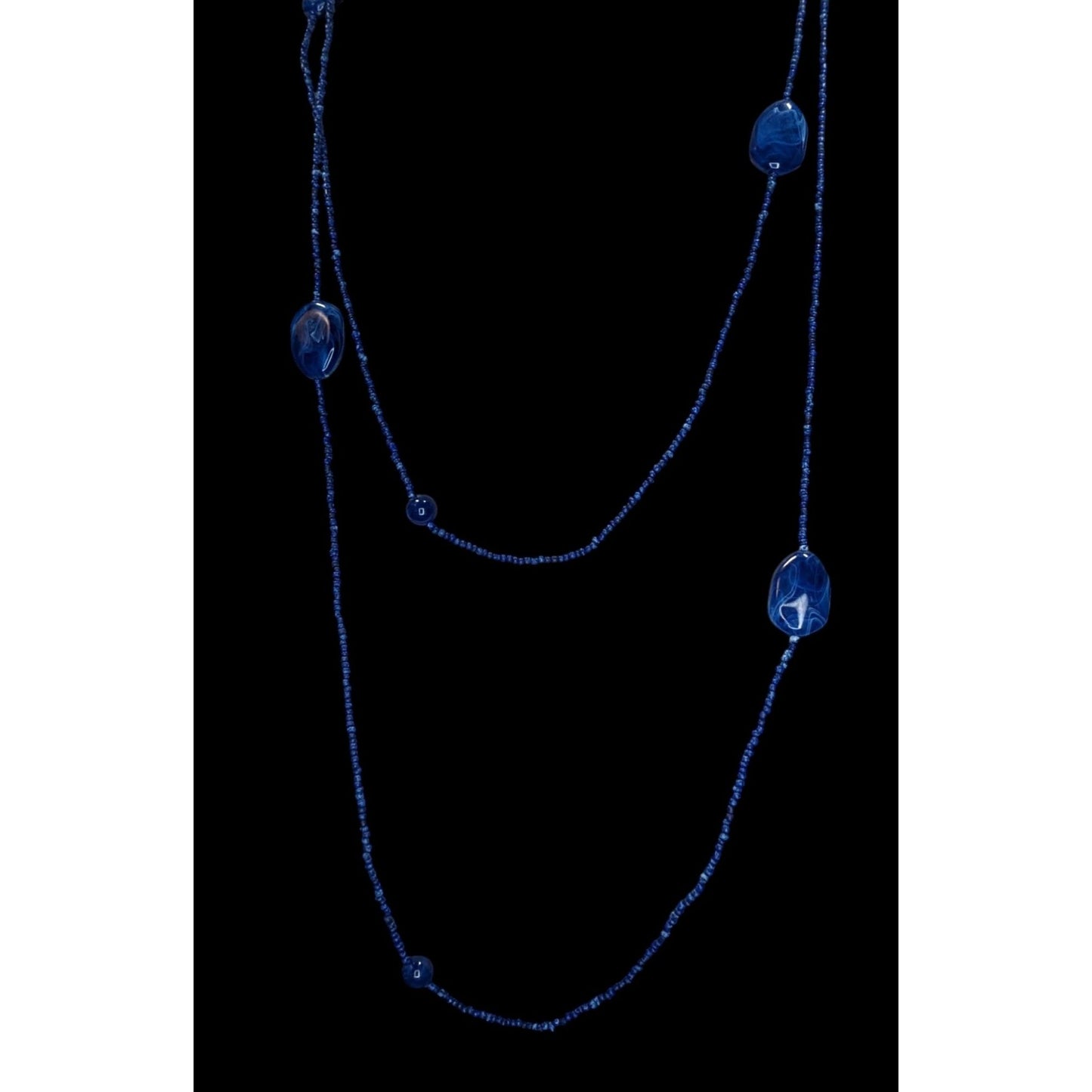 Blue Long Beaded Necklace With Glass & Acrylic Accents
