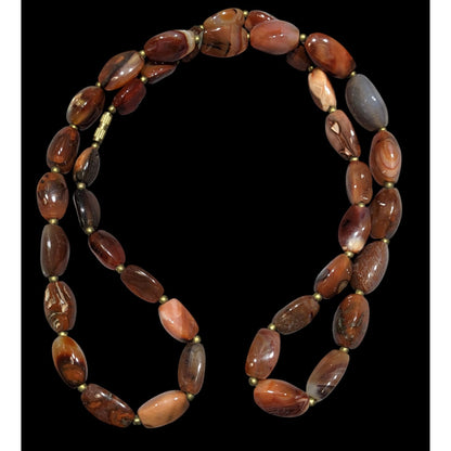 Vintage Brown Agate Bead Necklace With Brass Accents