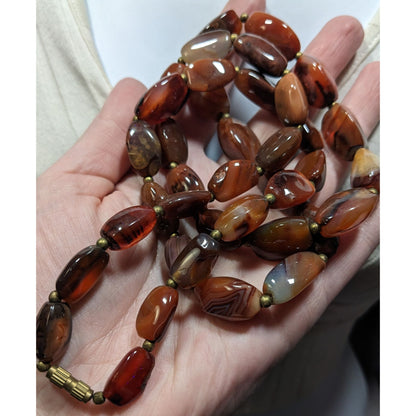 Vintage Brown Agate Bead Necklace With Brass Accents