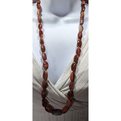 Vintage Brown Agate Bead Necklace With Brass Accents