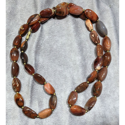 Vintage Brown Agate Bead Necklace With Brass Accents