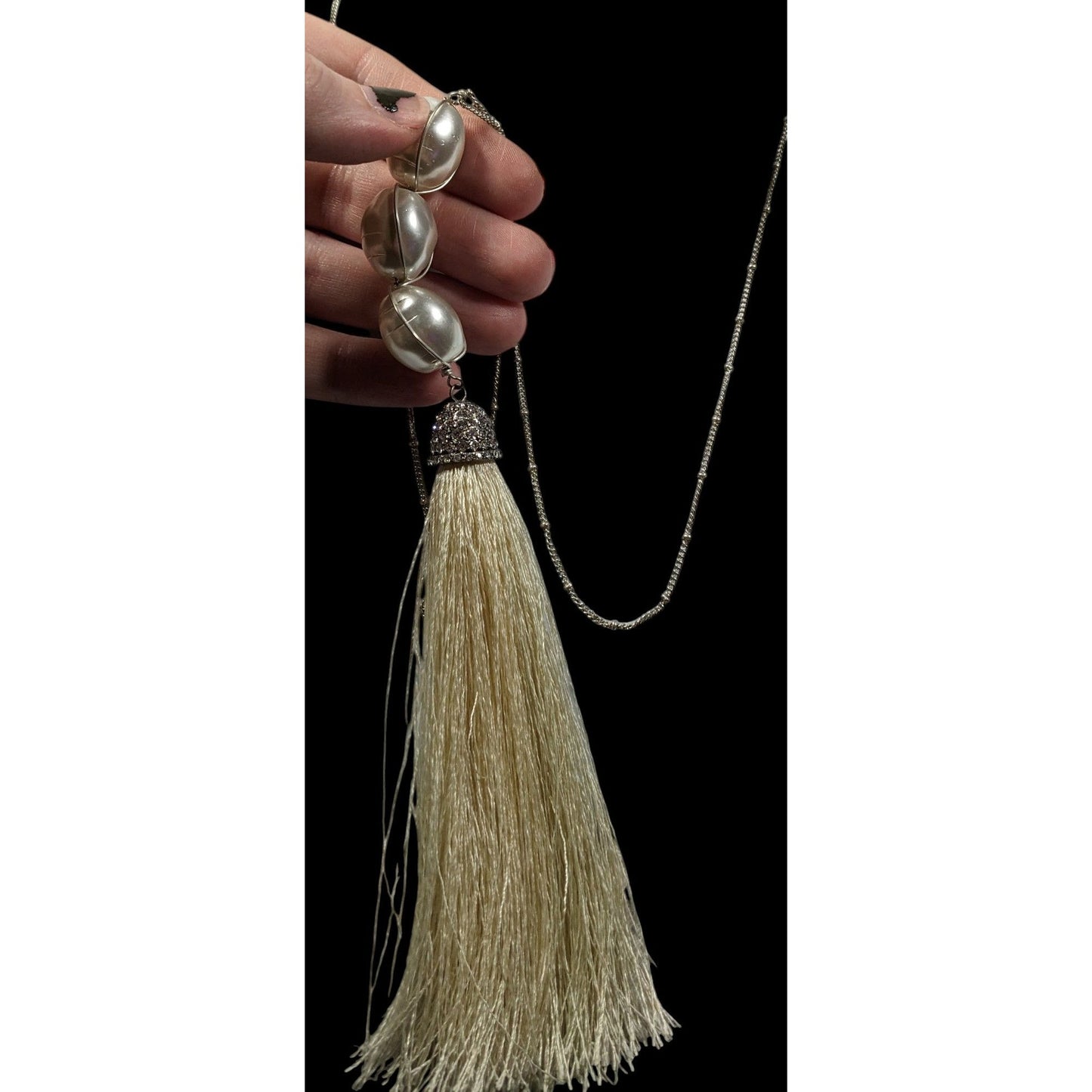 Chunky Glam Faux Pearl Rhinestone Tassel Necklace