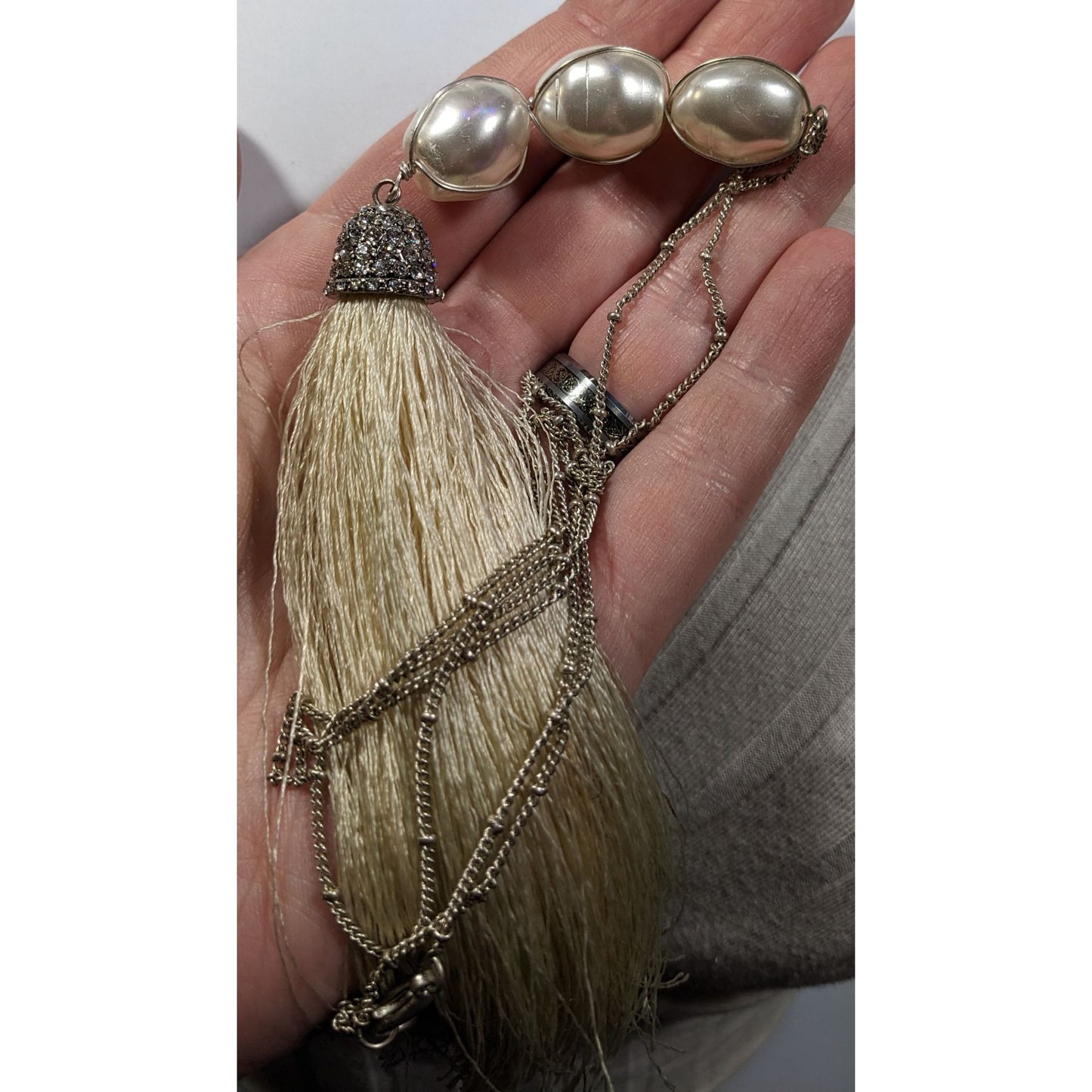Chunky Glam Faux Pearl Rhinestone Tassel Necklace