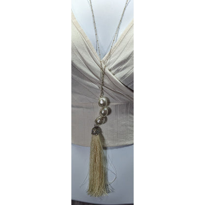 Chunky Glam Faux Pearl Rhinestone Tassel Necklace