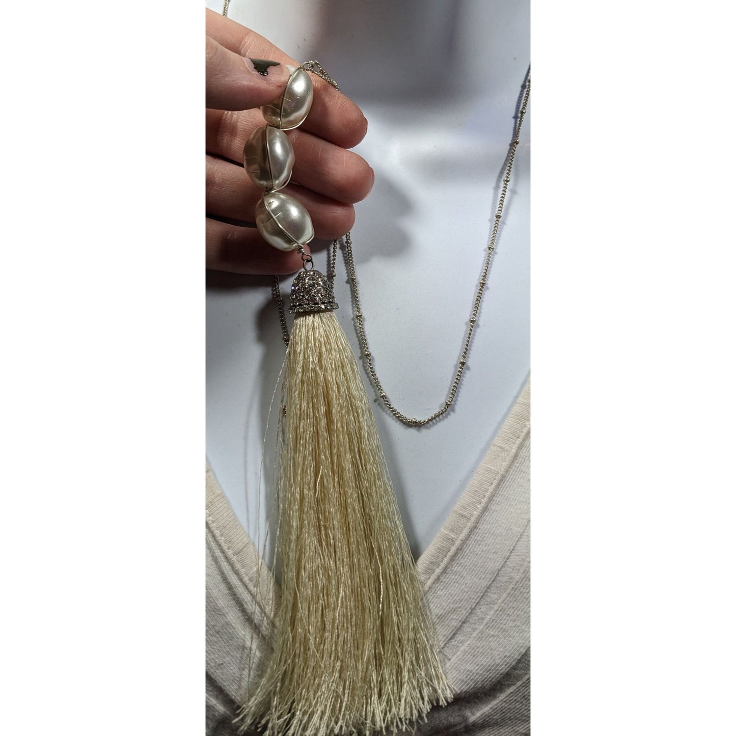 Chunky Glam Faux Pearl Rhinestone Tassel Necklace