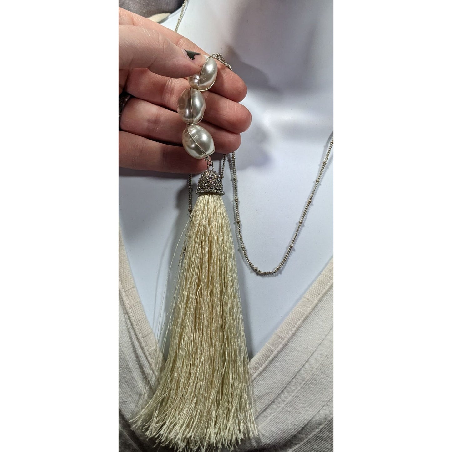 Chunky Glam Faux Pearl Rhinestone Tassel Necklace