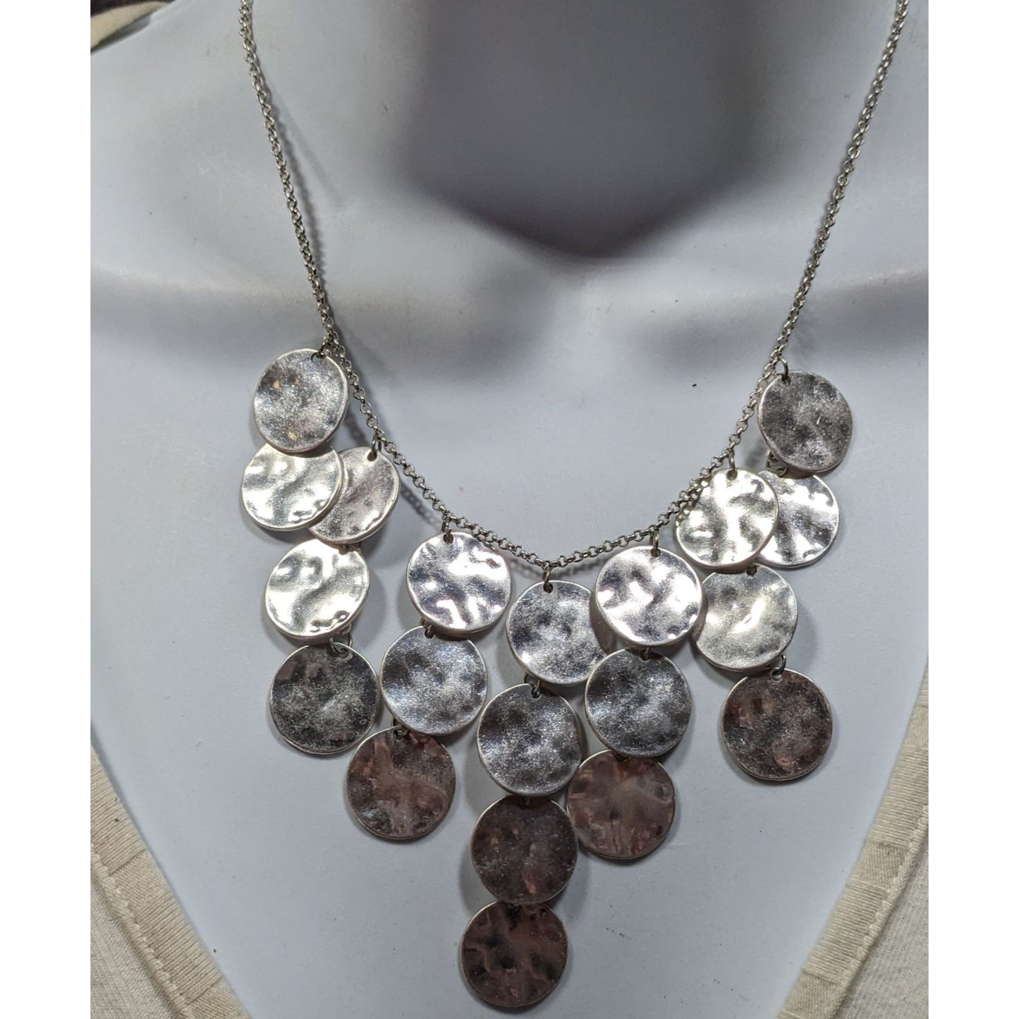 Premier Designs Hammered Silver Tone Disc Fringe Necklace