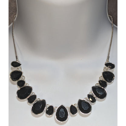 Goth Glam Y2K Statement Nine West Black Crystal Teardrop Bib Necklace Silver Tone