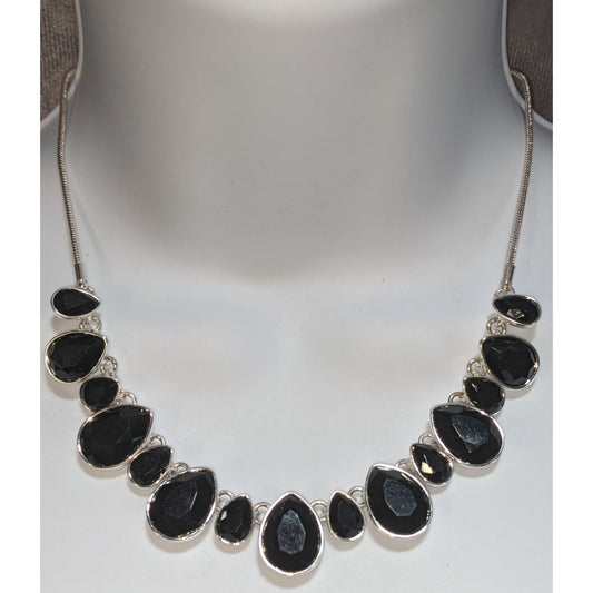 Goth Glam Y2K Statement Nine West Black Crystal Teardrop Bib Necklace Silver Tone