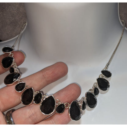 Goth Glam Y2K Statement Nine West Black Crystal Teardrop Bib Necklace Silver Tone