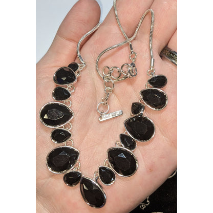 Goth Glam Y2K Statement Nine West Black Crystal Teardrop Bib Necklace Silver Tone