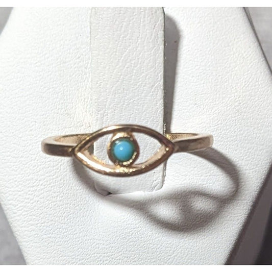 Minimalist Evil Eye Gold Tone Ring With Blue Stone Size 6