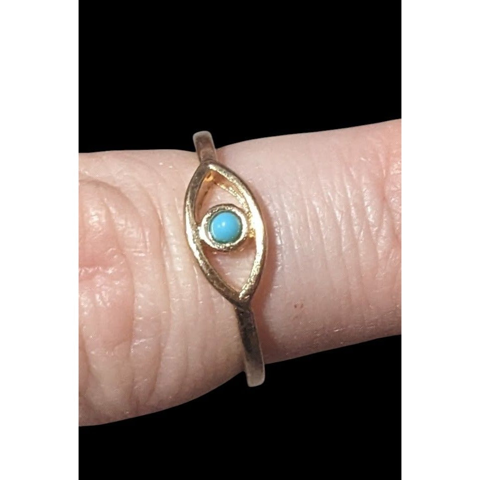 Minimalist Evil Eye Gold Tone Ring With Blue Stone Size 6