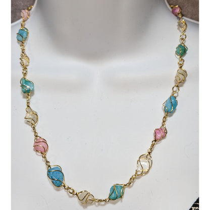 Whimsical Wire-Wrapped Pastel Gemstone Necklace With Gold-Tone Chain
