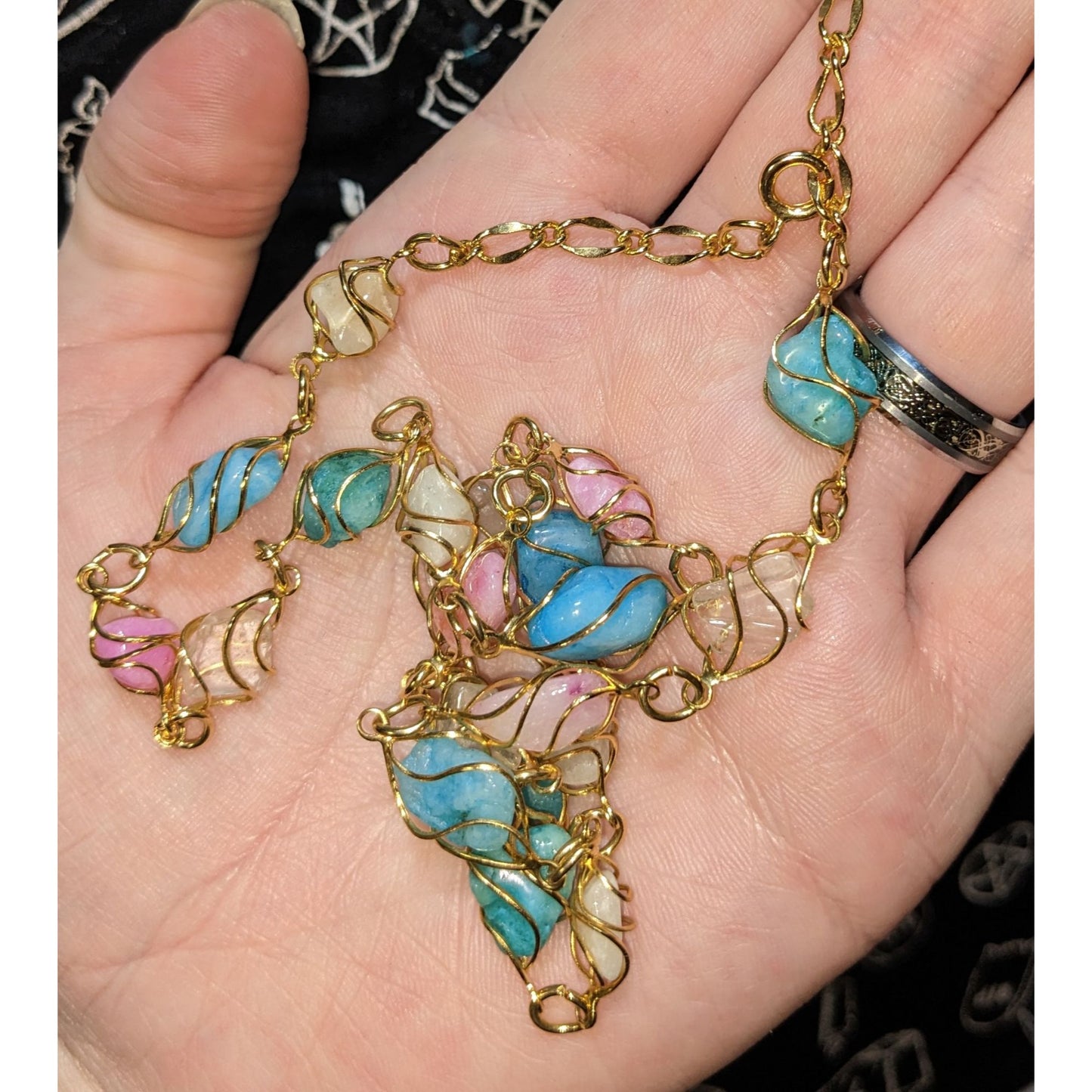 Whimsical Wire-Wrapped Pastel Gemstone Necklace With Gold-Tone Chain