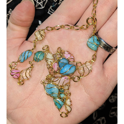 Whimsical Wire-Wrapped Pastel Gemstone Necklace With Gold-Tone Chain