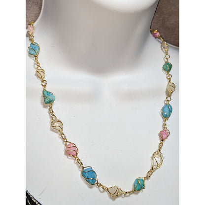 Whimsical Wire-Wrapped Pastel Gemstone Necklace With Gold-Tone Chain