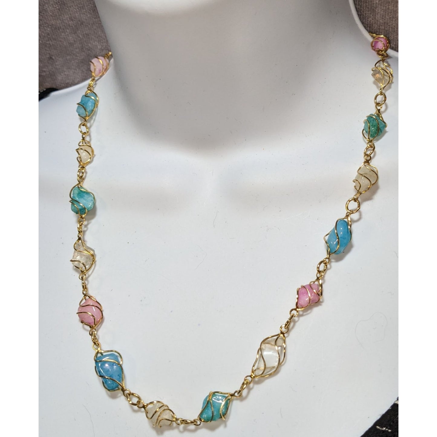 Whimsical Wire-Wrapped Pastel Gemstone Necklace With Gold-Tone Chain