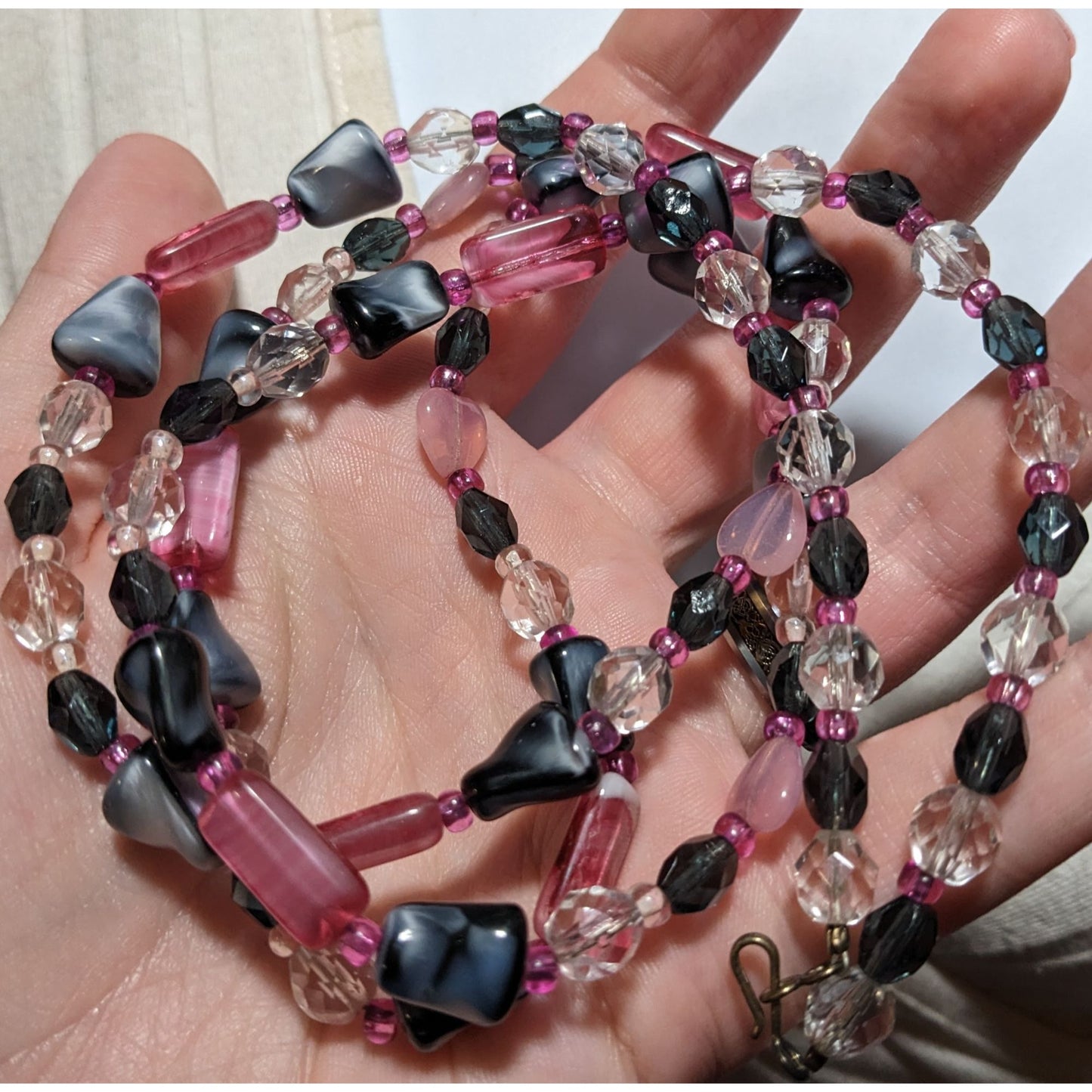 Handmade Pastel Goth Pink And Grey Glass Necklace