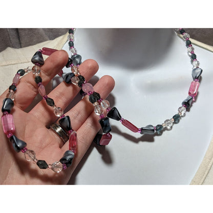 Handmade Pastel Goth Pink And Grey Glass Necklace