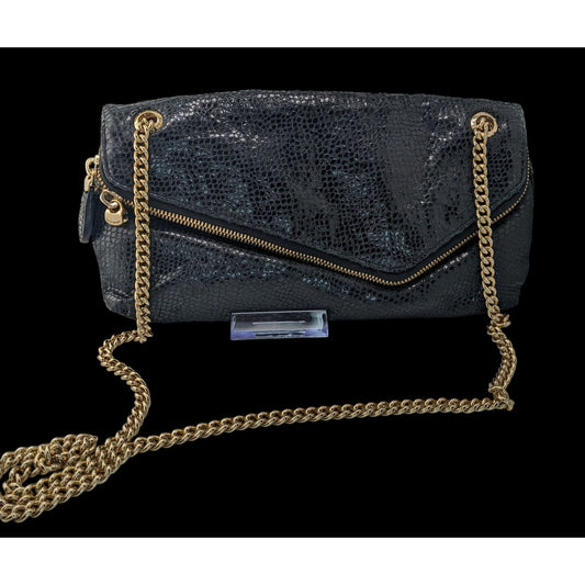 Elegant Henri Bendel Black Snakeskin Textured Leather Crossbody Bag W/ Gold Chain & Purple Lining