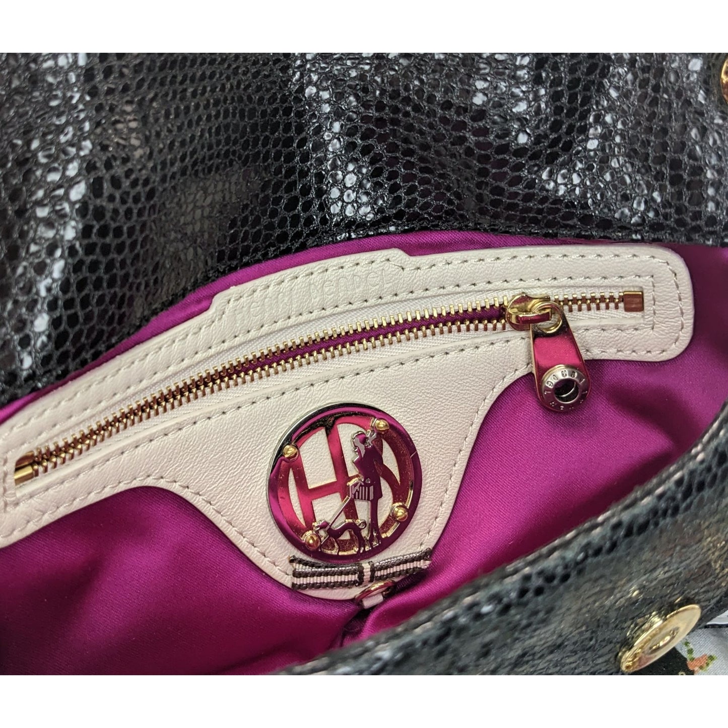 Elegant Henri Bendel Black Snakeskin Textured Leather Crossbody Bag W/ Gold Chain & Purple Lining