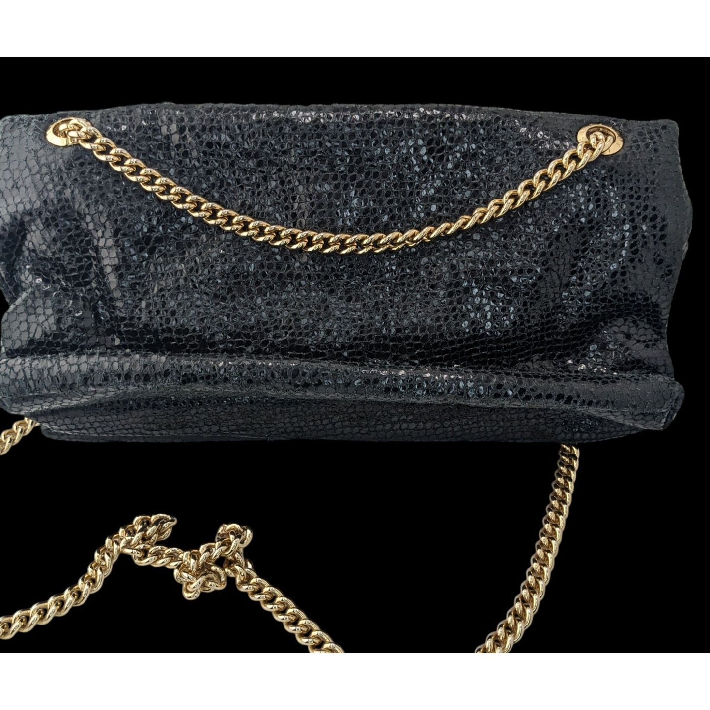 Elegant Henri Bendel Black Snakeskin Textured Leather Crossbody Bag W/ Gold Chain & Purple Lining