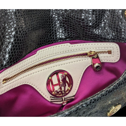 Elegant Henri Bendel Black Snakeskin Textured Leather Crossbody Bag W/ Gold Chain & Purple Lining
