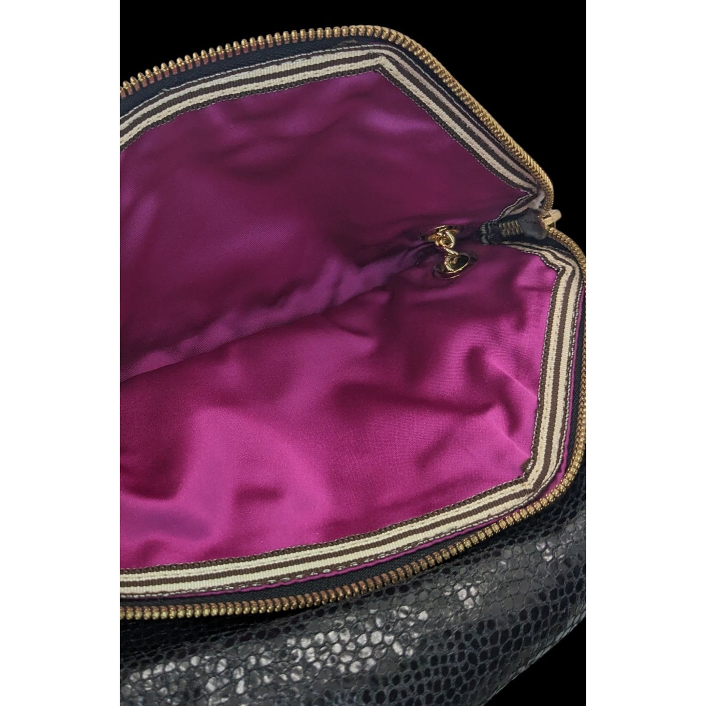 Elegant Henri Bendel Black Snakeskin Textured Leather Crossbody Bag W/ Gold Chain & Purple Lining