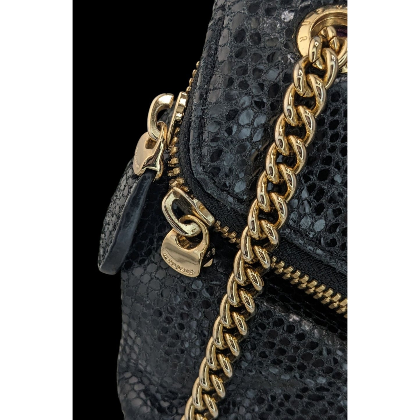 Elegant Henri Bendel Black Snakeskin Textured Leather Crossbody Bag W/ Gold Chain & Purple Lining