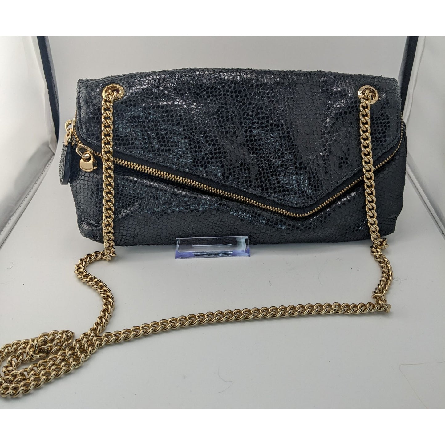 Elegant Henri Bendel Black Snakeskin Textured Leather Crossbody Bag W/ Gold Chain & Purple Lining