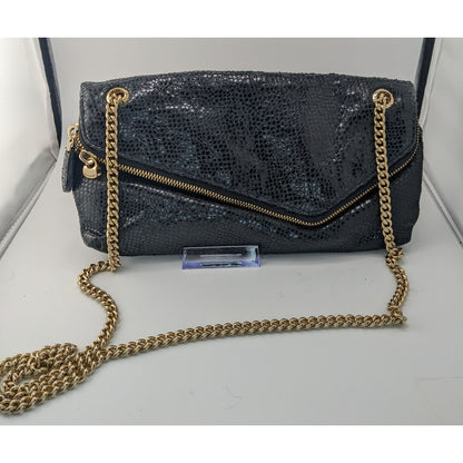 Elegant Henri Bendel Black Snakeskin Textured Leather Crossbody Bag W/ Gold Chain & Purple Lining