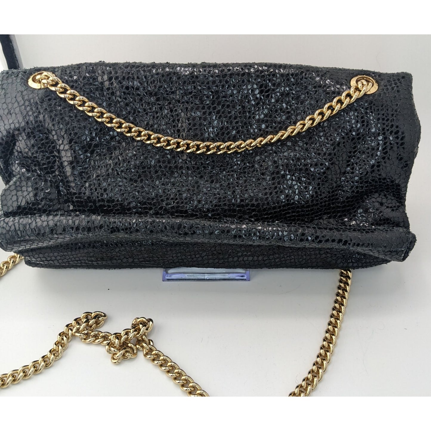 Elegant Henri Bendel Black Snakeskin Textured Leather Crossbody Bag W/ Gold Chain & Purple Lining