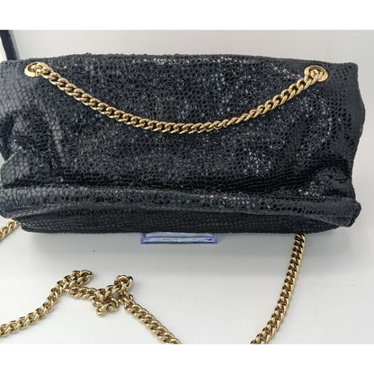 Elegant Henri Bendel Black Snakeskin Textured Leather Crossbody Bag W/ Gold Chain & Purple Lining