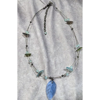 Handcrafted Necklace With Blue Glass Leaf Pendant & Green Accent Beads On Silver Wire Chain