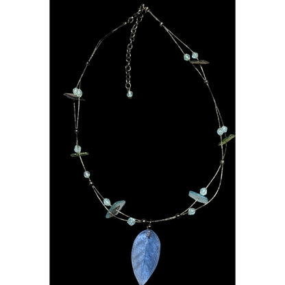 Handcrafted Necklace With Blue Glass Leaf Pendant & Green Accent Beads On Silver Wire Chain