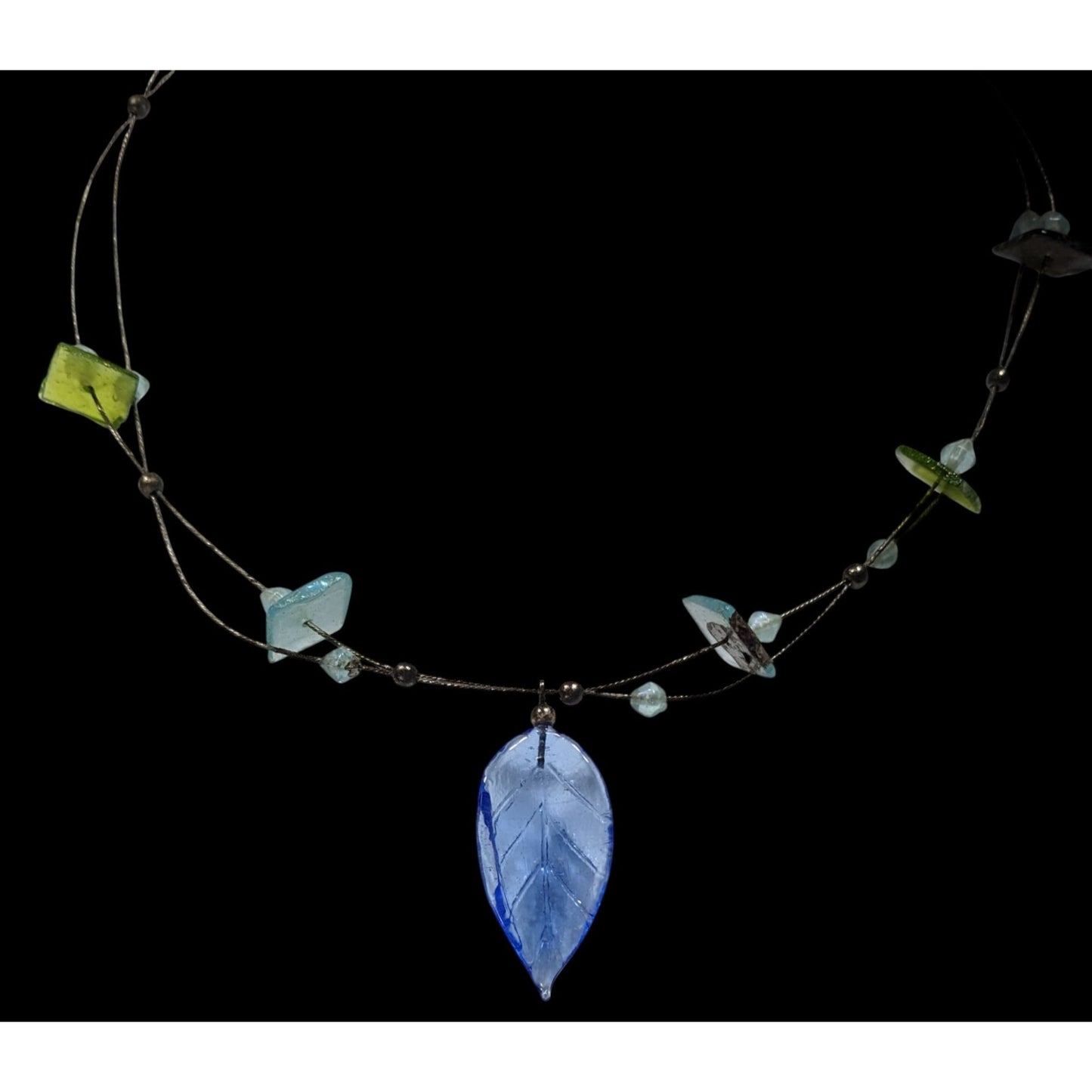 Handcrafted Necklace With Blue Glass Leaf Pendant & Green Accent Beads On Silver Wire Chain