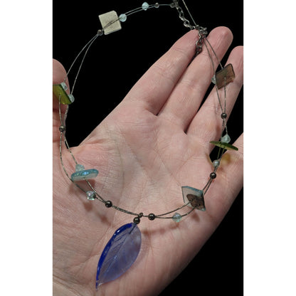 Handcrafted Necklace With Blue Glass Leaf Pendant & Green Accent Beads On Silver Wire Chain
