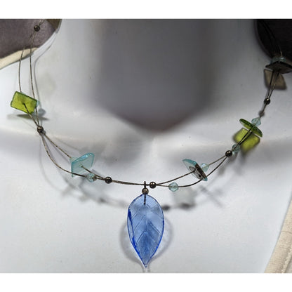 Handcrafted Necklace With Blue Glass Leaf Pendant & Green Accent Beads On Silver Wire Chain