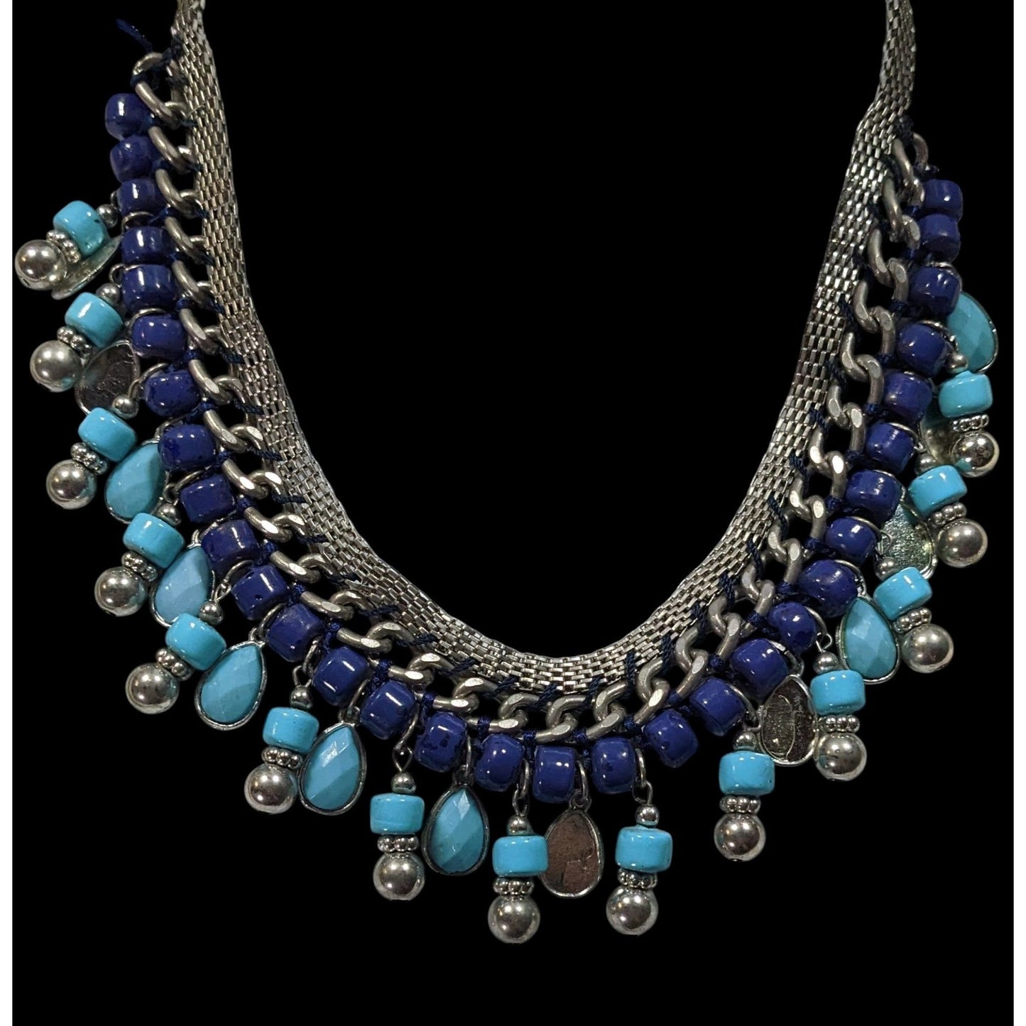 Bohemian Fringe Blue And Silver Tone Beaded Necklace