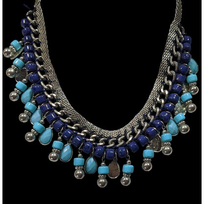 Bohemian Fringe Blue And Silver Tone Beaded Necklace
