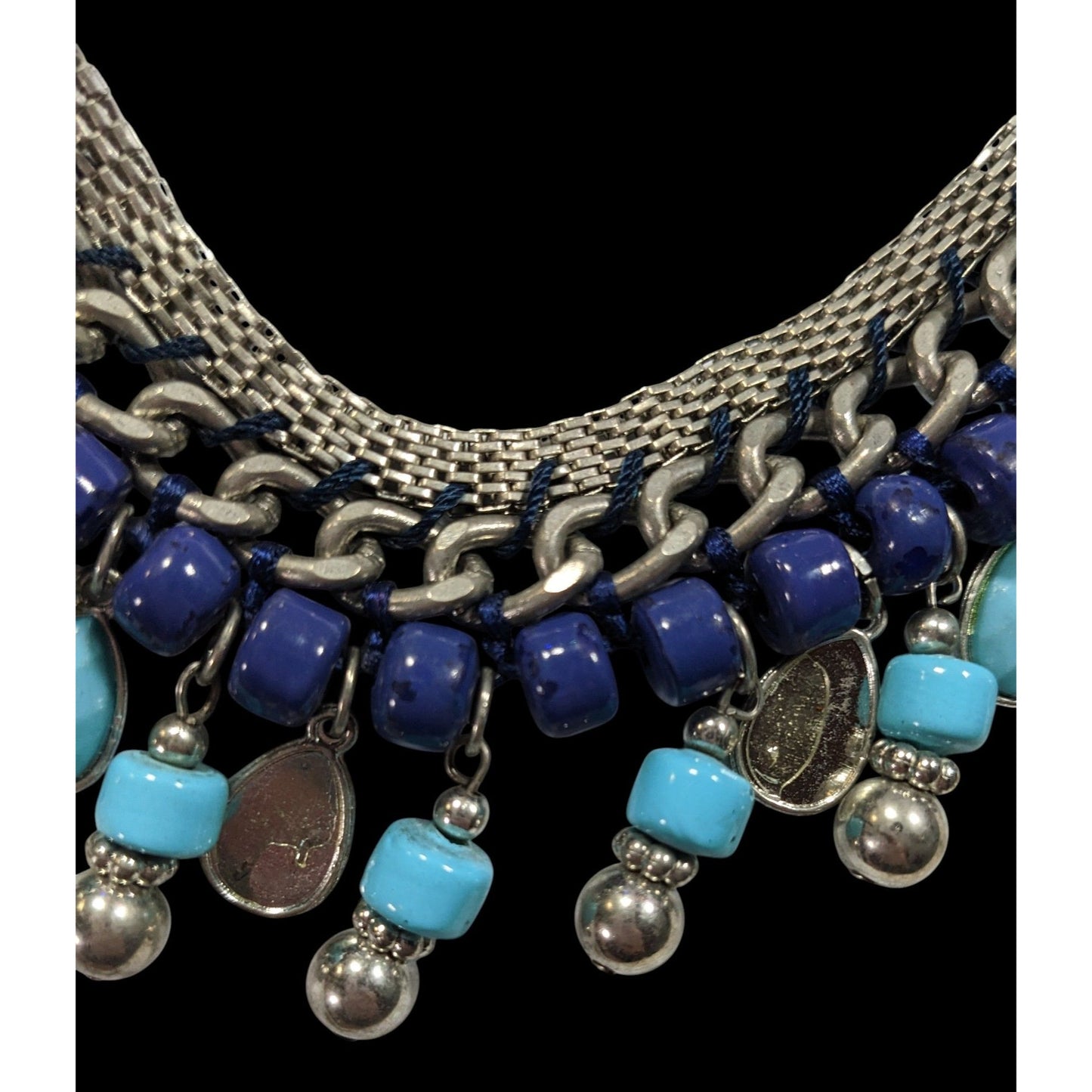Bohemian Fringe Blue And Silver Tone Beaded Necklace