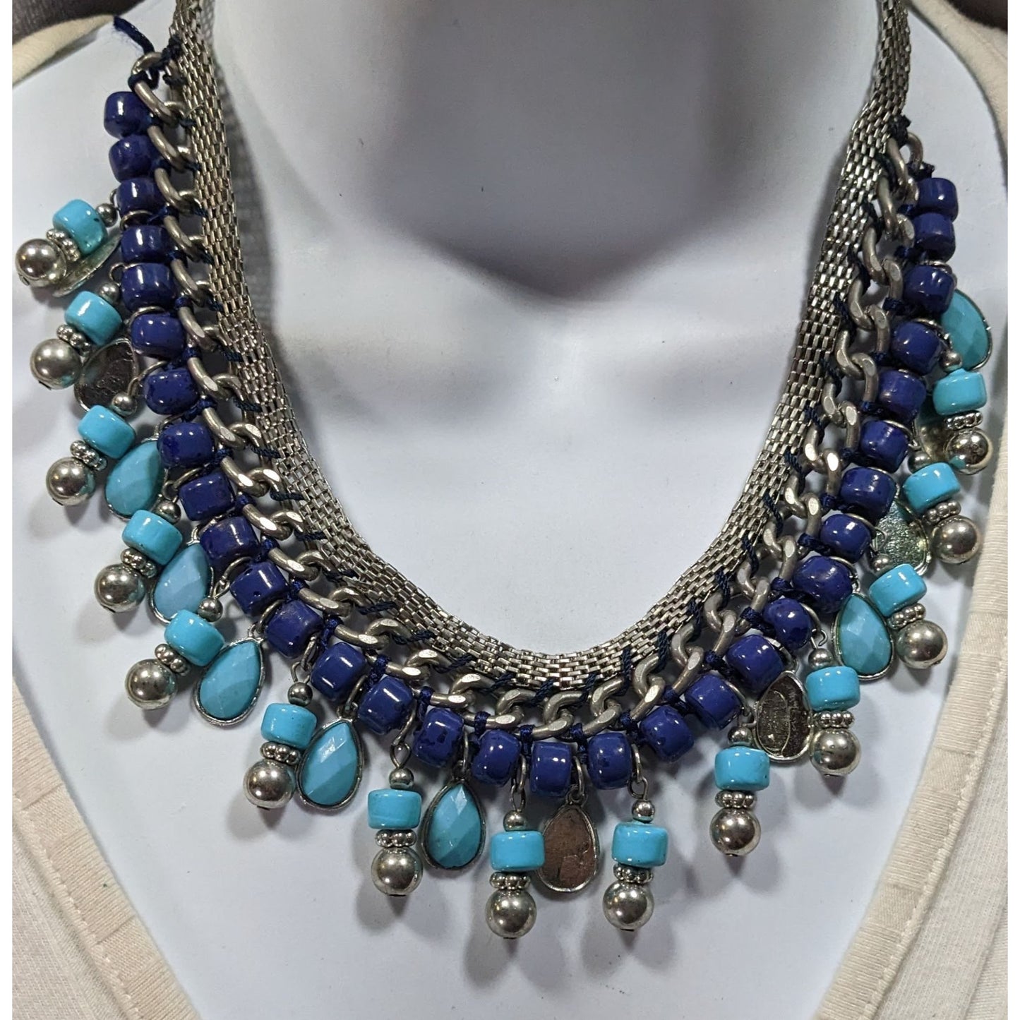 Bohemian Fringe Blue And Silver Tone Beaded Necklace
