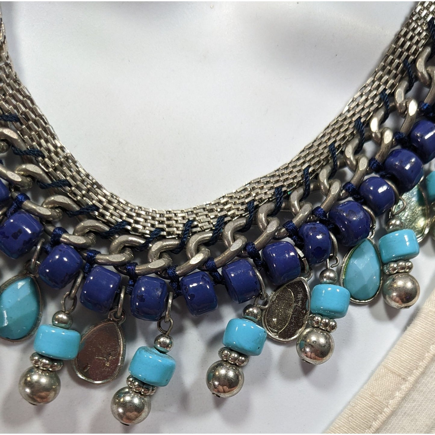 Bohemian Fringe Blue And Silver Tone Beaded Necklace