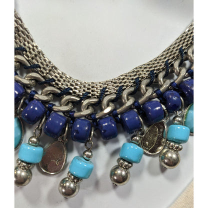 Bohemian Fringe Blue And Silver Tone Beaded Necklace